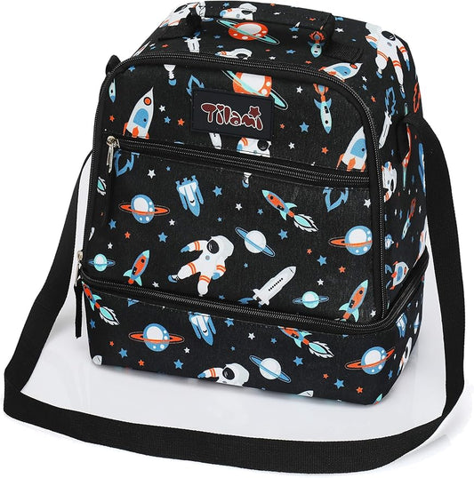 Tilami Lunch Bags Insulated Adjustable Strap Zipper, Two Compartments Cooler Bags, Bento Bags for Kids Toddlers, Astronaut