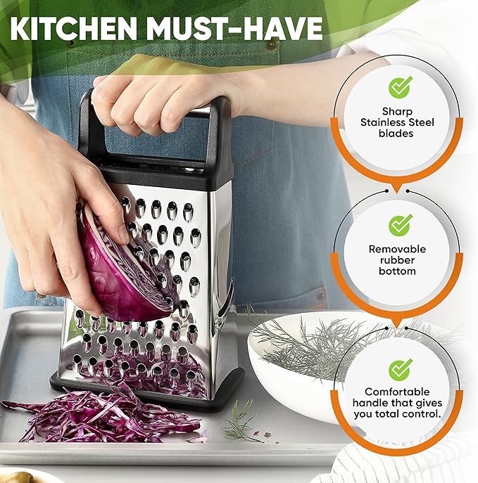 Spring Chef Professional Box Grater, XL Size, Black & Stainless Steel Round Measuring Cups, Set of 7-2 Product Bundle