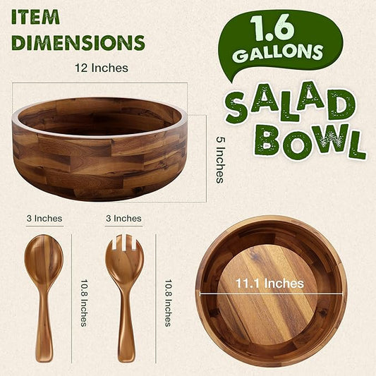 12" Salad Bowl Set with 2 Wooden Hands - Large Acacia Wood Serving Bowl with Serving Utensils - Big Mixing Bowl for Fruits, Salad,Pasta for Kitchen Counter (12" Diameter x 4.5" Height)