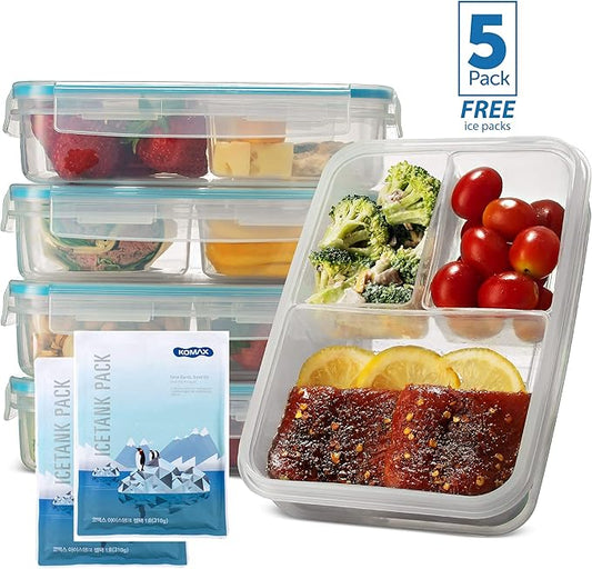 Komax Biokips Set of 5 Lunch Containers – 3 Compartment Food Container for Meal Prep, Portion Control – Microwave & Dishwasher Safe Bento Box Adult Lunch Container w/Locking Lid (37 oz)