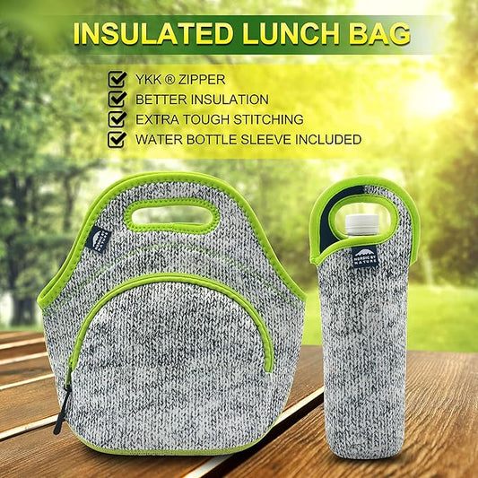 Nordic By Nature Neoprene Lunch Bag For Women, Men & Extra Thick Insulated Neoprene Lunch Tote With Water Bottle Sleeve, Durable Reusable Machine Washable, Gray/Neon