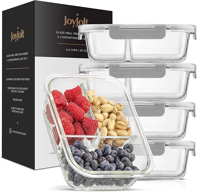 JoyJolt Divided Food Storage Containers with Lids Airtight. 5 Pack Glass Meal Prep Containers 3 Compartment Set Glass Bento Box. Reusable Food Containers, Portion Control Containers for Weight Loss