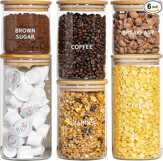 Laramaid Glass Jar Set (2x22oz/2x35oz/2x45oz) Set of 6 with 160 Minimalist Pantry Labels, Round Canister Jars with Bamboo Lids and Transparent Customized Sticker Labels, Food Storage Containers