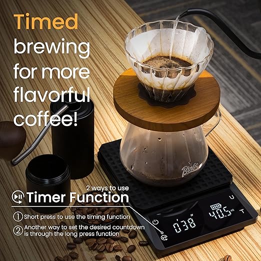 bemece 0.1g Precision Coffee Scale with Timer, Digital Espresso Scale with Back-Lit LCD Display, IPX6 Waterproof Drip Espresso Scale, 3 Units of Measurement for Espresso, French Press, Kitchen Use