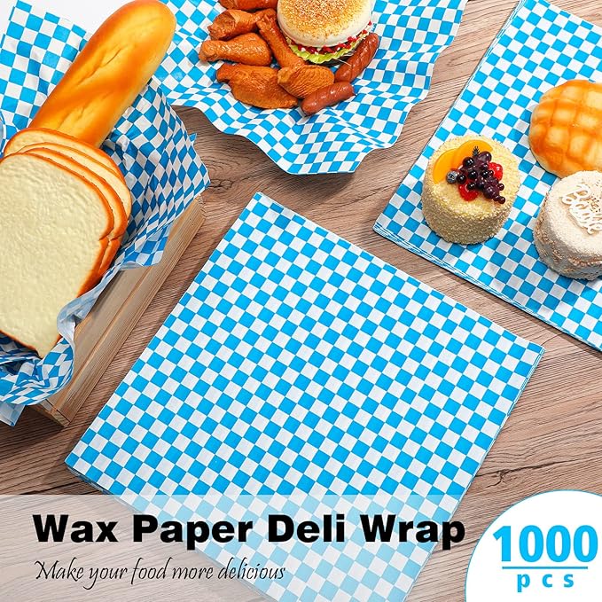 1000 Sheets Wax Deli Paper Sheets for Food 12 x 12 Inch Checkered Dry Waxed Deli Basket Liners for Sandwich Wrapping, Food Basket Liners, Picnic party(Blue-white)