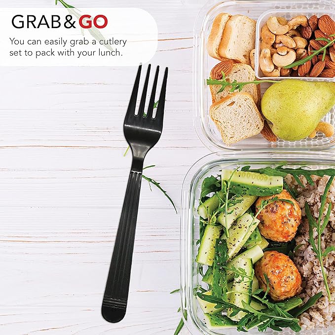 Party Essentials Individually Wrapped Black Plastic Utensil Sets/Heavy Duty Flatware Packs, Fork, 100 Sets