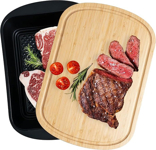 Grill Marinade Tray with Wood Lid, Grill Serving Platter Set, Barbeque Prep Platter Sets, 2 Piece Melamine Prep and Store Tray with Cutting Board for Grill, Meal Prep, Barbeque, Black