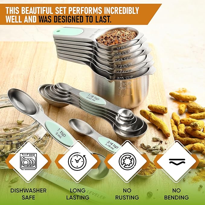 Spring Chef Premium Swivel Vegetable Peeler & Stainless Steel Magnetic Measuring Cups & Spoons, Set of 15 with Leveler - 2 Product Bundle - Mint