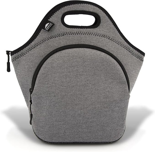 Nordic By Nature Large Neoprene Lunch Bag for Women & Lunch tote for Kids Insulated Lunch bag Reusable Washable Thick Neoprene & Soft Cotton Feel, Premium Stitching, Outside Pocket, (L) Grey/Black
