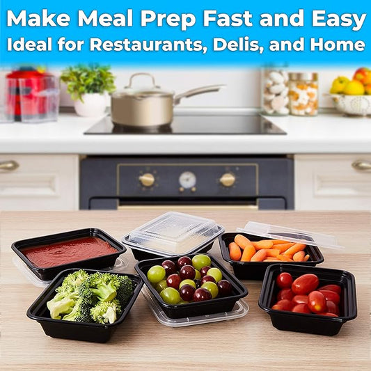 Pro Grade BPA-Free Plastic Containers with Lids 50ct. 12oz Leakproof Microwavable Portion Container for To-Go Orders, Food Prep and Storage. Reusable Bento Box for Restaurant Cafe and Catering.