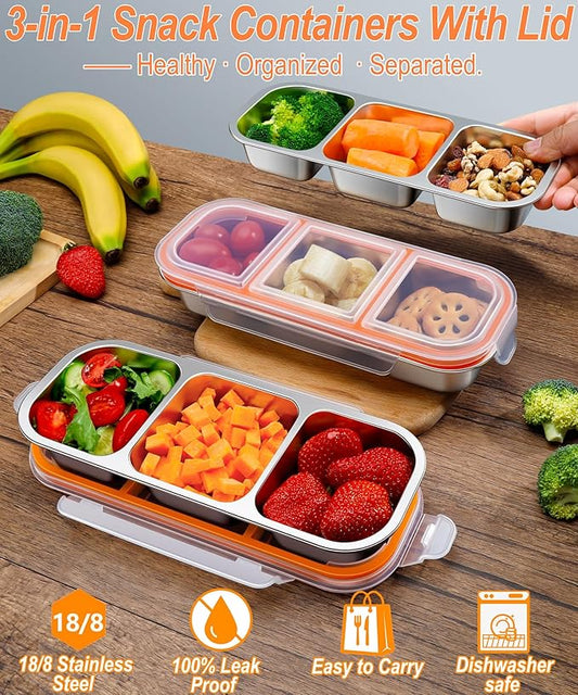 3 Pack Stainless Steel Snack Containers for Kids & Adults - Leek Proof Metal Bento Lunch Box with 3 Compartment - Lunchable Containers for Daycare, School, Work, Travel - Stackable Bento Snack Box