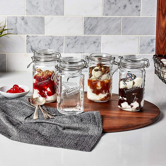 Mason Craft & More Airtight Kitchen Food Storage Clear Glass Clamp Jars, 17 Ounce (0.5 Liter) Tall Mini Clamp Jar