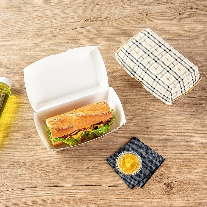 Restaurantware Bio Tek 6.7 x 3.5 x 3.5 Inch Clamshell Food Containers 100 Disposable Sandwich Containers - Hinged Lid Tab-Lock Closure Plaid Paper Hot Dog Containers Durable Greaseproof