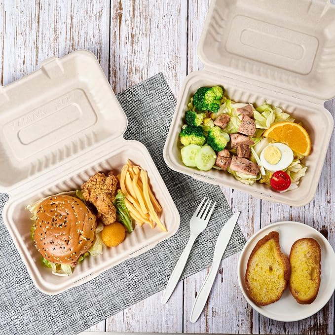 ECOLipak 75 Pack Clamshell Take Out Food Containers, 100% Compostable To Go Containers Disposable, 9X6 inch Heavy-Duty To Go Boxes, Eco-Friendly Biodegradable To Go Containers For Food