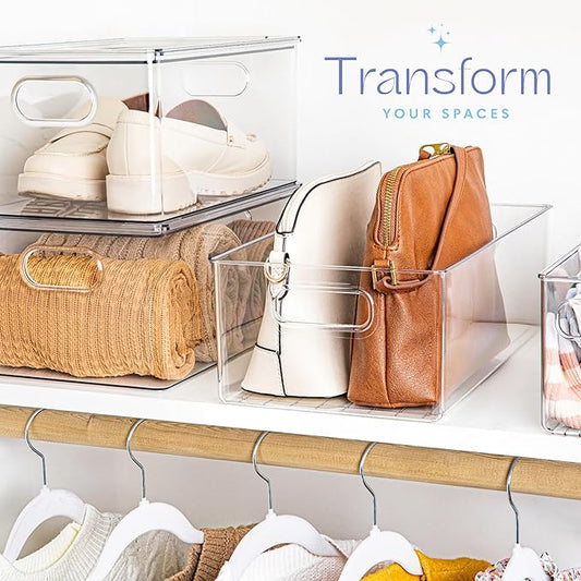 Plastic Food Storage Clear Container Bin with Handles for Organizing Kitchen, Pantry, Refrigerator, Freezer, Pantry, Cabinet, Closet, Bathroom. 14”x8”x5”