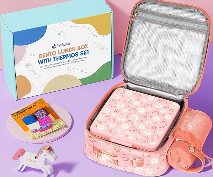Fimibuke Bento Box for Kids Adult - Leakproof 3-4 Compartments Lunch Bento Box Set with Insulated Thermos Food Jar, Water Bottle, Lunch Bag, Sauce Cup & Cutlery for Toddler Teen Shcool Girl Boy Age 3+