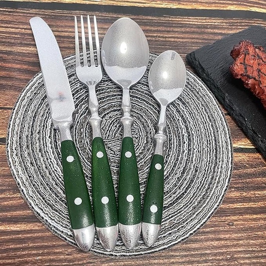 Green Silverware Set for 8 Flatware Sets Classic Two Nail Handle Ergonomic 18/8 Food-Grade Stainless Steel Cutlery SetDishwasher Safe for Family Gatherings Formal Occasions (32-Piece)