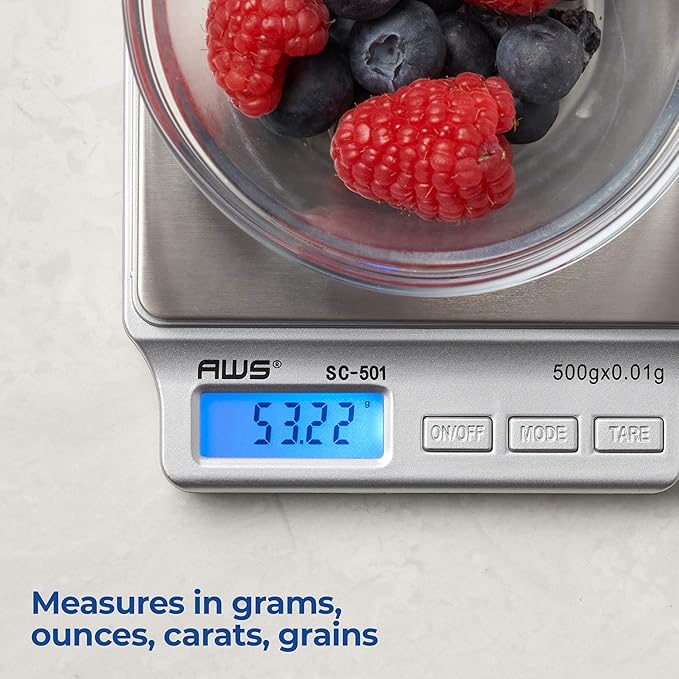 American Weigh Scales SC Series Precision Digital Food Kitchen Weight Scale, LCD Display, Silver, 500 x 0.01G (AMW-SC-501)