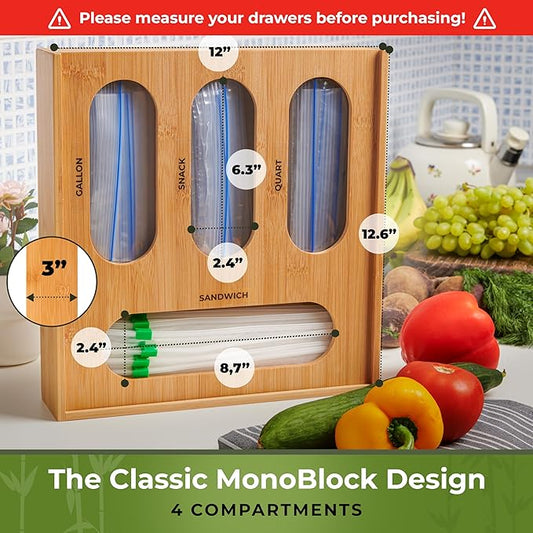 Storage Bag Organizer, Sandwich Bag Organizer - Bamboo Monoblock Design with Labels Included, Quick Refill Slider, by Woodenhouse