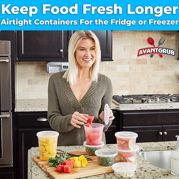 Deli Grade BPA-Free 12oz Plastic Containers with Lids, 24ct. Leakproof Microwavable Portion Container for To-Go Orders, Food Prep and Storage. Reusable Takeout Cups for Restaurant Cafe and Catering.