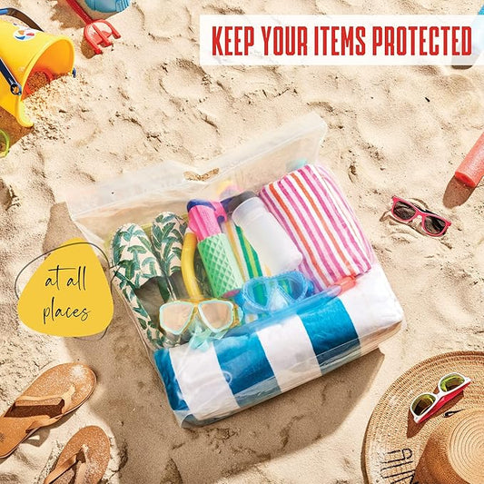 8 Gallon Jumbo Storage Bag with Handle & Resealable Zipper Top, 22x22, 10 Bags – Clear Big Plastic, Extra Large XL, 4 Mil Heavy Duty for Toiletries, Clothes, Beach Essentials, Shoes, Toys