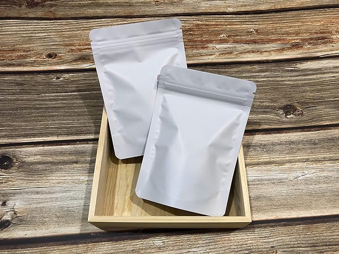100 Pack Matte White Mylar Stand Up Bags - 3.35x5.1 Inches Smell Proof Resealable Zipper Pouch Bag, Sealable Foil Packaging Sample Pouches for Food Storage