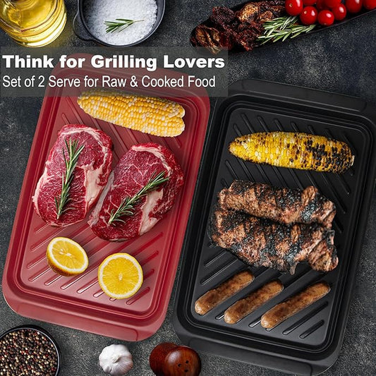 Grilling Prep and Serve Trays, BBQ Platter for Raw and Cooked Food, Melamine Serving Trays for Food, Set of 2, Black and Red, Napkin and Cleaning Clothes Included