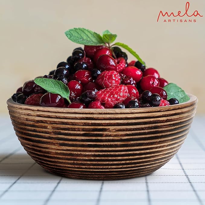 Mela Artisans 12'' Wooden Fruit Bowl, Large Serving Bowl for Salads, Cereals, Snacks & Mixing | Decorative Bowls for Kitchen | Darma Valley Collection