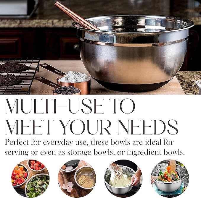 Bellemain Stainless Steel Non-Slip Mixing Bowls with Lids (3 Piece, Silver/Black)