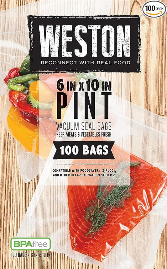 Weston Vacuum Sealer Bags for Food, 2 Ply 3mm Thick, for NutriFresh, FoodSaver & Other Heat-Seal Systems, for Meal Prep and Sous Vide, BPA Free, 6" x 10" (Pint), 100 count, Clear