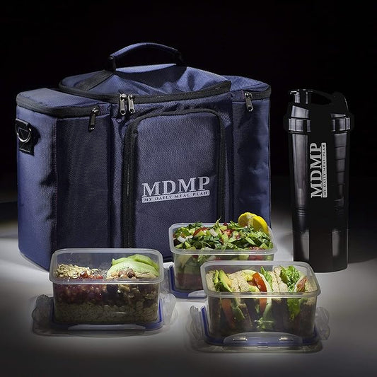 My Daily Meal Plan Navy Blue 45 Oz. Insulated Lunch Bag/Box For Men, Women + 3 Large Food Containers + 2 Big Reusable Ice Packs + Shoulder Strap + Shaker With Storage