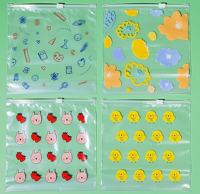 Quart Resealable Slider Food Storage Bags, 100 Count, Fun Designs, 4 Different Fun Patterns, Zero BPA, Lunch, Trips, Parties & More