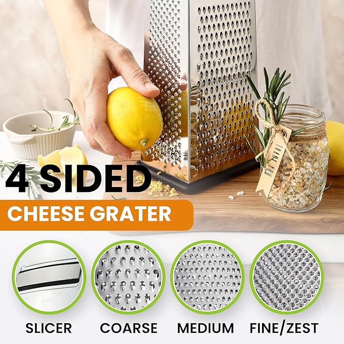 Spring Chef 4 Sided Large Box Grater with Handle & Stainless Steel Magnetic Measuring Cups & Spoons Set of 15 with Leveler, Multicolor- 2 Product Bundle
