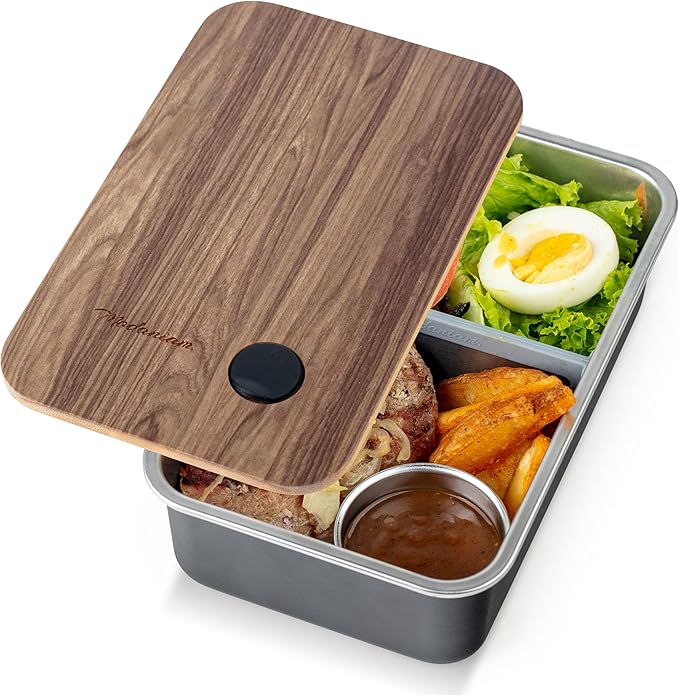 Leak Resistant Stainless Steel Bento Box For Adults|Stainless Steel Lunch Box for Adults |44Oz| BentoBox/Lunchbox| Lunch Container | Microwave Safe (Bottom container) |Bamboo Lid- Black