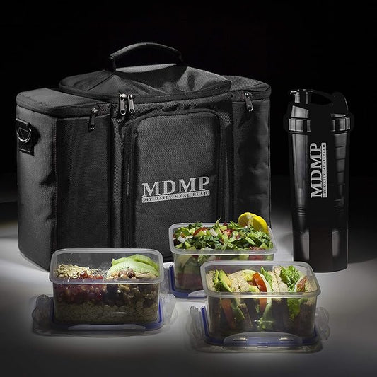 Meal Prep Lunch Bag/Box For Men, Women + 3 Large Food Containers (45 Oz.) + 2 Big Reusable Ice Packs + Shoulder Strap + Shaker With Storage. Insulated Lunchbox Cooler Portion Control Set (Black)
