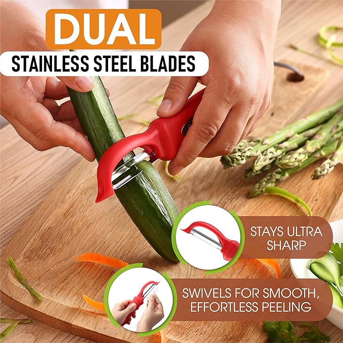 Spring Chef Premium Swivel Vegetable Peeler, Red & Stainless Steel Magnetic Measuring Cups, Set of 7, Black - 2 Product Bundle