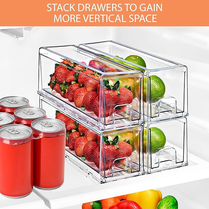 Sorbus Small Clear Storage Drawers (4 Pack) – Acrylic Stackable Storage Bins with Pull-Out Drawers for Fridge, Kitchen, Pantry – Organizer Bins with Handles