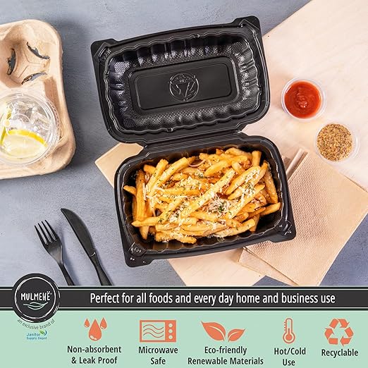 MULMEHË Mineral Filled Polypropylene Plastic Hinged Take Out Food Containers, 9x6x3, Vented Three Compartment, Black, 200 per Case