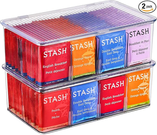 Sorbus 2 Pack Tea Bag Organizer Bins w/Lids & 4 Removable Dividers, Clear Plastic Food Packet Snack Organizer, Stackable Pantry Organization, Kitchen Storage, Fridge Bins, Sturdy Cabinet Organizers