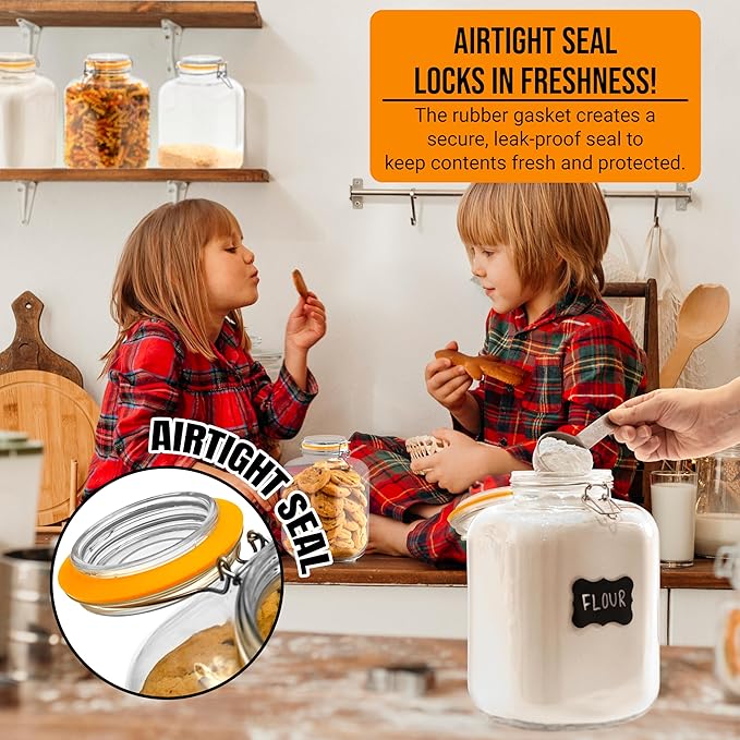 Galashield Gallon Glass Jars with Airtight Lid Large Glass Flour Sugar Storage Containers Canisters Leak-proof Lid Labels and Marker (2 Pack)
