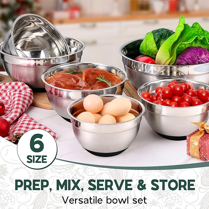 Mixing Bowls with Lids Set of 6 for Kitchen Stainless Steel Metal Nesting Bowls with Non-Slip Bottom Black - Size 1, 1.5, 2, 2.6, 3.5, 7QT