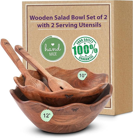 Wooden Salad Bowls Set of 2 with 2 Serving Utensils | 10" & 12 inch Extra Large Natural Acacia Wood Mixing Bowls | Beautiful Gift for Fathers