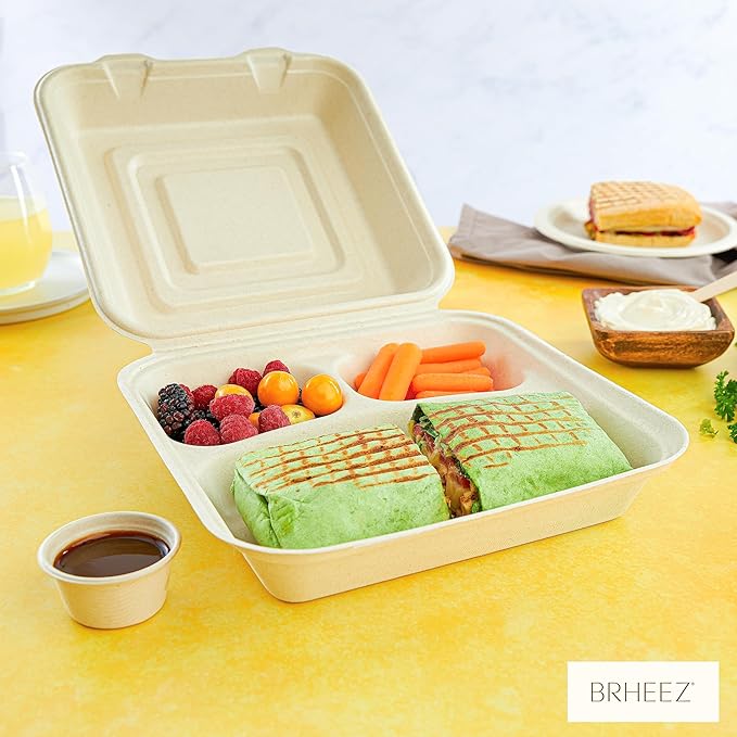 brheez Disposable Clamshell To-Go Containers – Bagasse Fiber Biodegradable Containers with Lids for Takeout, Parties, & Holidays – Pack of 50 Chemical-Free, 3-Compartment Boxes, 8"x8", Natural