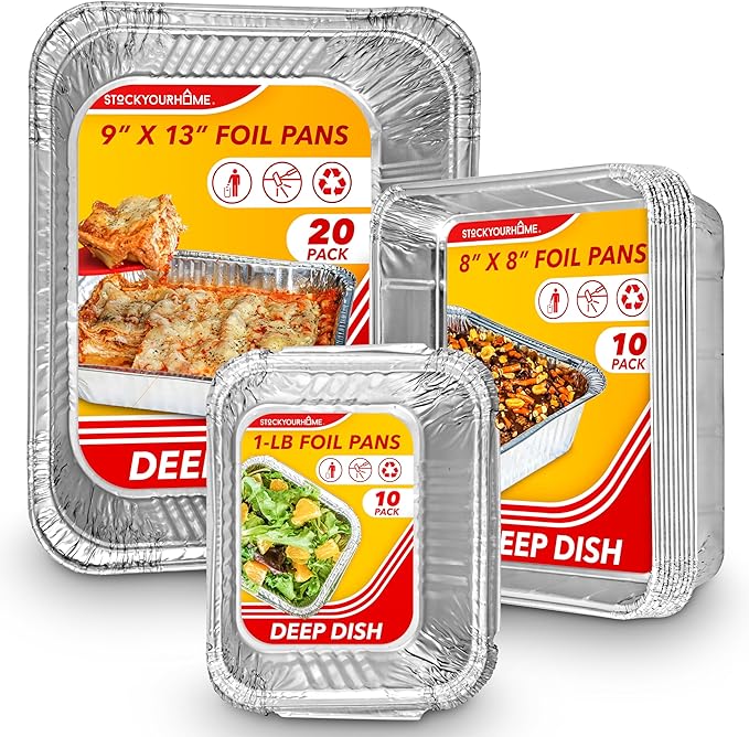 (Set of 40) Aluminum Pans Disposable, (20) 9x13, (10) 8x8, (10) 1-Lb Heavy Duty Foil Pans, Baking Tins, Cooking Trays, Large and Small Catering Food Containers for Roasting, Serving, Holiday Meal Prep