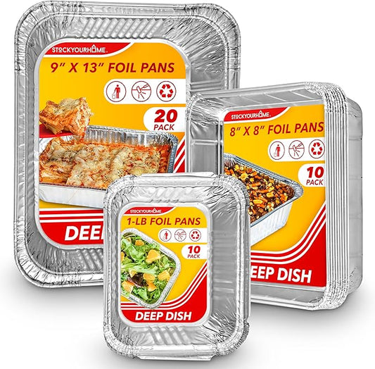 (Set of 40) Aluminum Pans Disposable, (20) 9x13, (10) 8x8, (10) 1-Lb Heavy Duty Foil Pans, Baking Tins, Cooking Trays, Large and Small Catering Food Containers for Roasting, Serving, Holiday Meal Prep