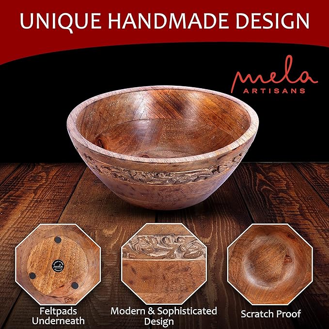 Jasmine Medium Bowls (Medium Burnt, 9 x 4 x 8) – Mango Wood Decorative Bowl for Veggies, Fruits, & More – Handmade Wooden Serving Bowl w/ 3 Felt Pads - Modern Rustic Home Decorations