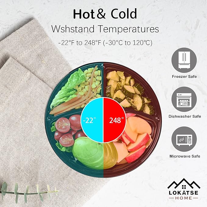 LOKATSE HOME Meal Prep Container Microwave Safe 48 Pack 3 Compartment with Lids, Round Bento Box, Food Storage Durable Stackable Reusable, BPA Free, Freezer, Dishwasher Safe (33 oz)