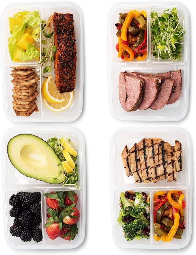 Komax Biokips Set of 3 Lunch Containers – 3 Compartment Food Container for Meal Prep, Portion Control – Microwave & Dishwasher Safe Bento Box Adult Lunch Container w/Locking Lid (37 oz)