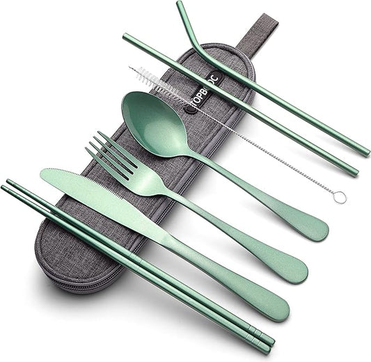 Portable Stainless Steel Flatware Set, Travel Camping Cutlery Set, Portable Utensil Travel Silverware Dinnerware Set with a Waterproof Case (Green)