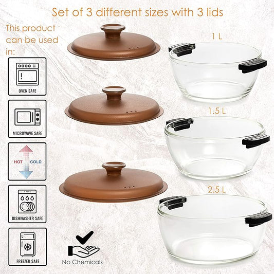 Moss & Stone 3-Piece Glass Casserole With Covered, 2.6/1.5/1 Qt Durable Bakeware Set, Borosilicate Glass Bowls, Bakeware Dish Oven Safe, & Microwave Safe, Clear Glass Baking Dish